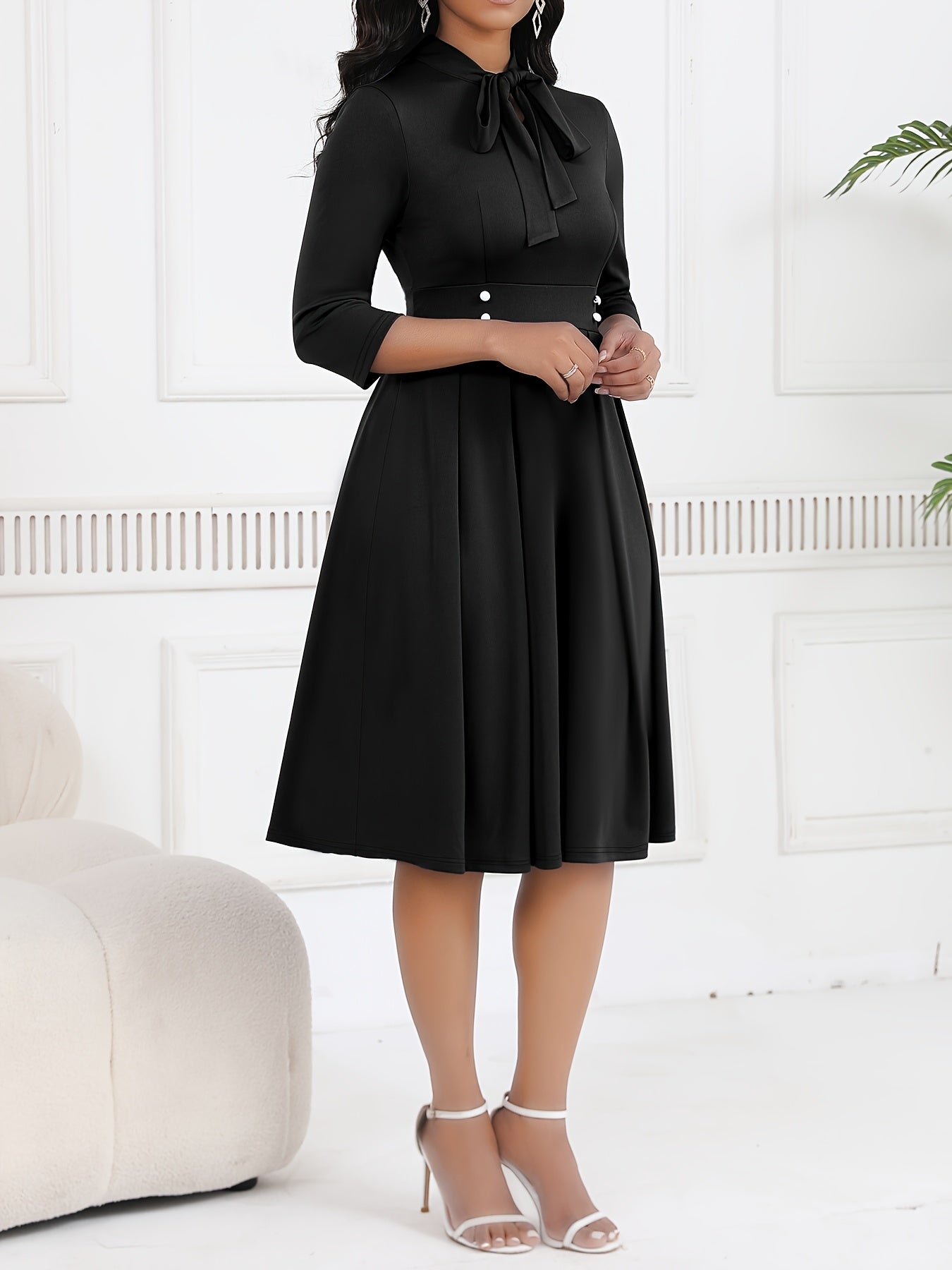 Vestido Midi Elegante con Lazo para Mujeres con Cuello Alto, Manga de Codo y Estilo Plisado