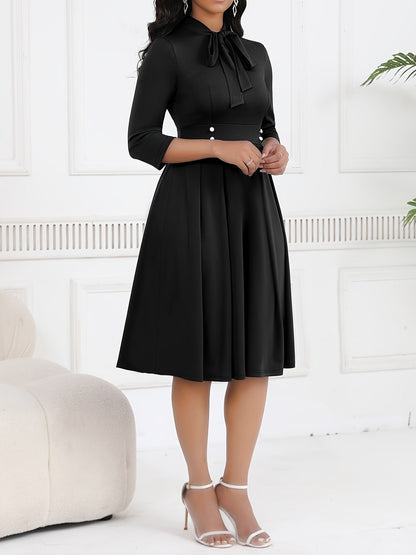 Vestido Midi Elegante con Lazo para Mujeres con Cuello Alto, Manga de Codo y Estilo Plisado