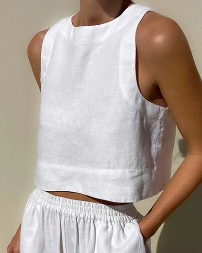 Conjunto de Lino Amplio Sin Esfuerzo para Mujeres con Escote Cuadrado y Sin Mangas, Estilo de Dos Piezas