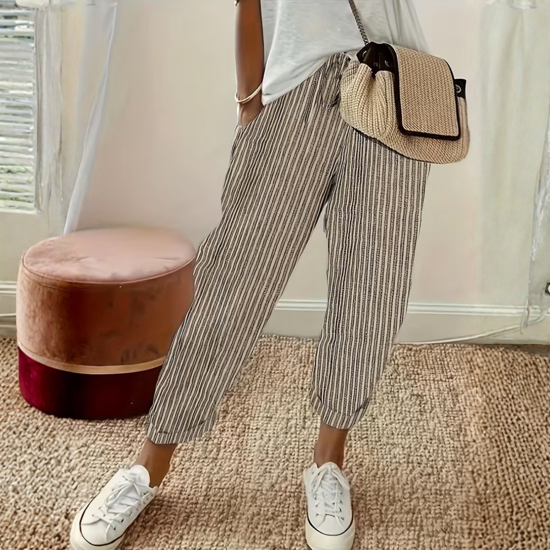 Pantalones de Lino Rayados Sin Esfuerzo para Mujeres con Cintura Alta, Cordón y Estilo Relajado