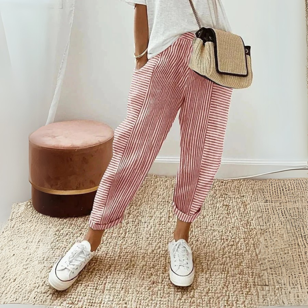Pantalones de Lino Rayados Sin Esfuerzo para Mujeres con Cintura Alta, Cordón y Estilo Relajado