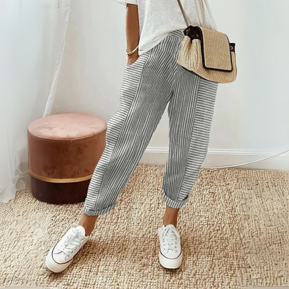 Pantalones de Lino Rayados Sin Esfuerzo para Mujeres con Cintura Alta, Cordón y Estilo Relajado