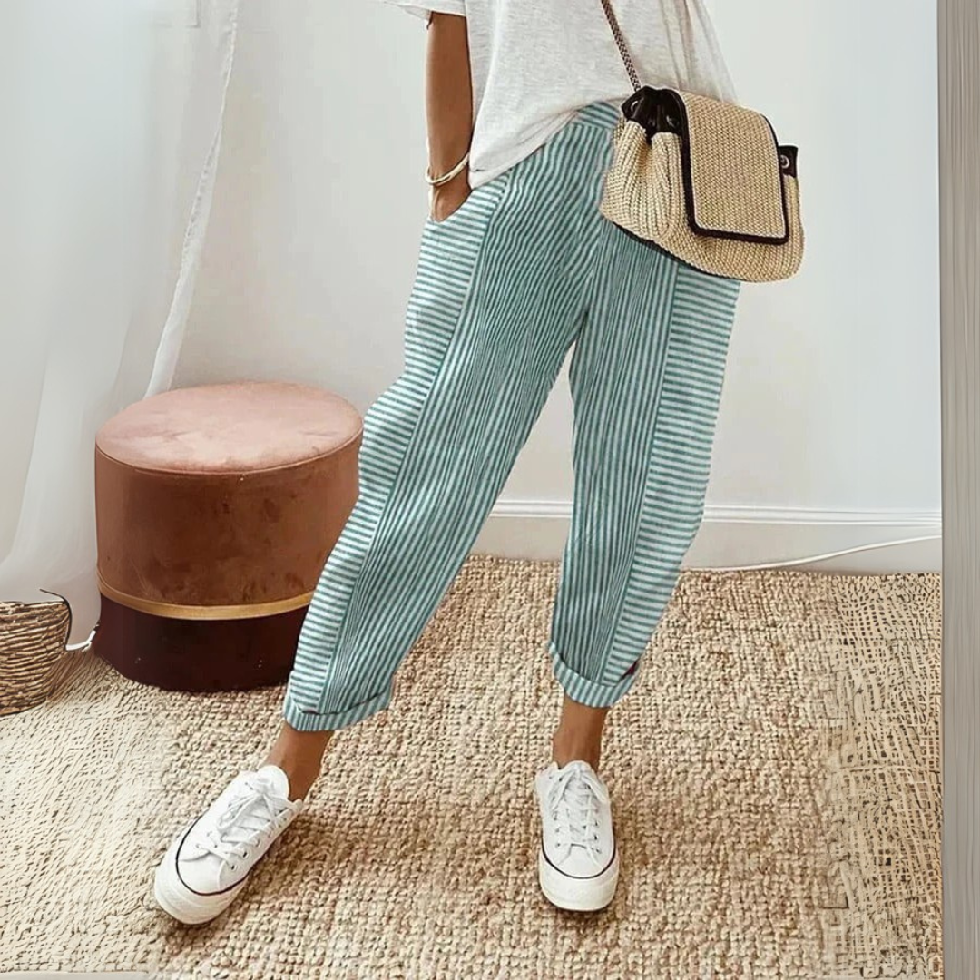 Pantalones de Lino Rayados Sin Esfuerzo para Mujeres con Cintura Alta, Cordón y Estilo Relajado