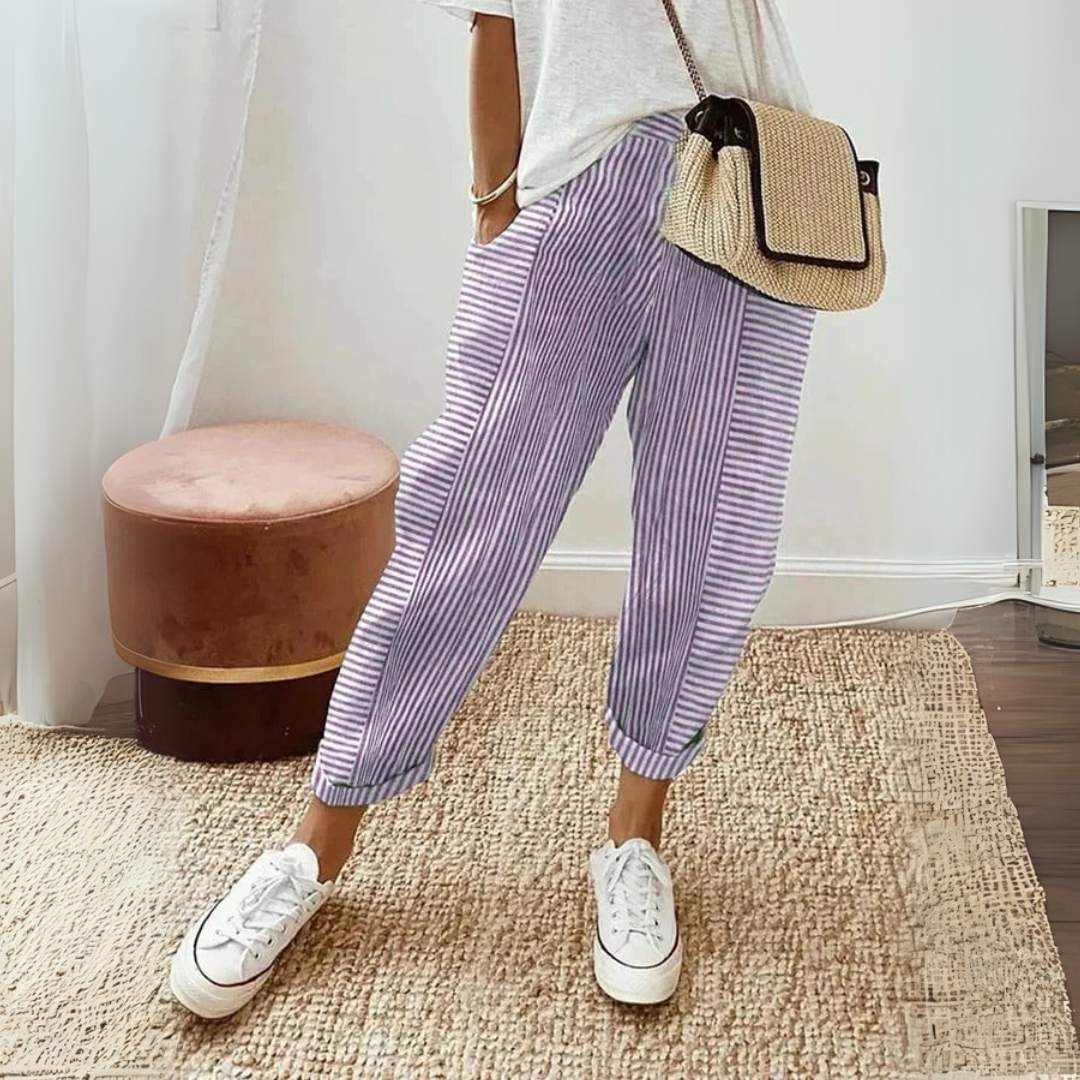 Pantalones de Lino Rayados Sin Esfuerzo para Mujeres con Cintura Alta, Cordón y Estilo Relajado