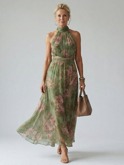 Elegante Vestido Maxi Floral Verde para Mujeres con Cuello Halter Sin Mangas y Estilo Fluido para Invitadas de Boda