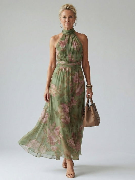 Elegante Vestido Maxi Floral Verde para Mujeres con Cuello Halter Sin Mangas y Estilo Fluido para Invitadas de Boda
