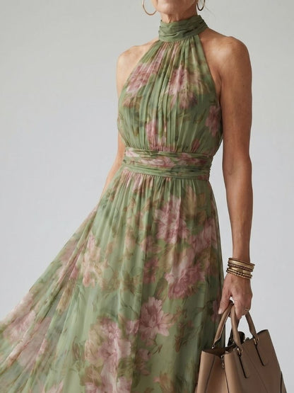 Elegante Vestido Maxi Floral Verde para Mujeres con Cuello Halter Sin Mangas y Estilo Fluido para Invitadas de Boda