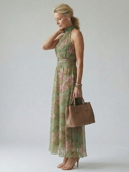 Elegante Vestido Maxi Floral Verde para Mujeres con Cuello Halter Sin Mangas y Estilo Fluido para Invitadas de Boda
