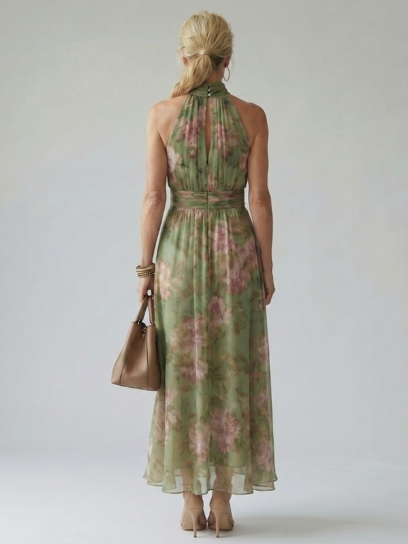 Elegante Vestido Maxi Floral Verde para Mujeres con Cuello Halter Sin Mangas y Estilo Fluido para Invitadas de Boda