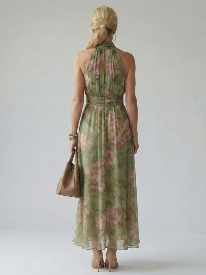 Elegante Vestido Maxi Floral Verde para Mujeres con Cuello Halter Sin Mangas y Estilo Fluido para Invitadas de Boda