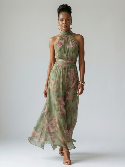 Elegante Vestido Maxi Floral Verde para Mujeres con Cuello Halter Sin Mangas y Estilo Fluido para Invitadas de Boda