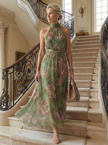Elegante Vestido Maxi Floral Verde para Mujeres con Cuello Halter Sin Mangas y Estilo Fluido para Invitadas de Boda
