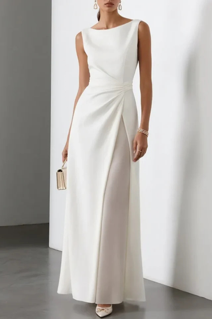Elegante Vestido Maxi Blanco para Mujeres con Escote Barco Sin Mangas y Con Detalle de Grieta Frontal para Invitadas a Bodas