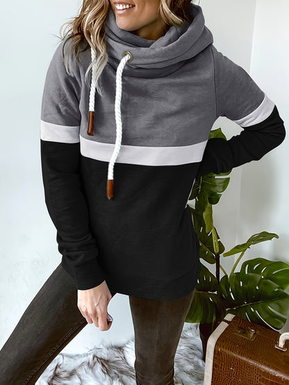 Sudadera Colorblock Cómoda para Mujeres con Cuello de Cowl, Manga Larga, Capucha, Estilo Oversized de Tejido