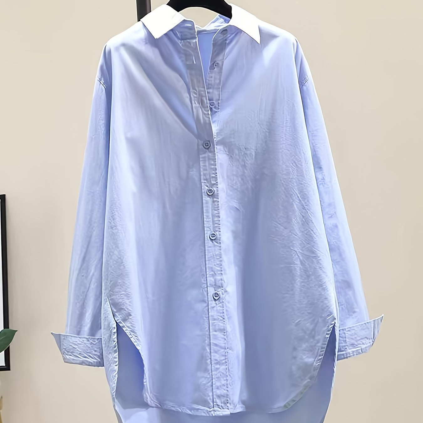 Blusa de Algodón Sin Esfuerzo para Mujeres con Cuello de Punto, Manga Larga, Estilo Oversized y Bajo Irregular