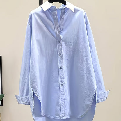 Blusa de Algodón Sin Esfuerzo para Mujeres con Cuello de Punto, Manga Larga, Estilo Oversized y Bajo Irregular