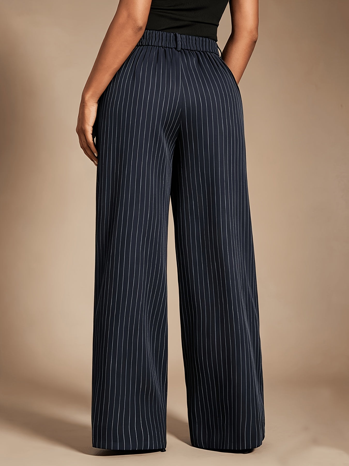 Pantalones Anchos de Rayas en Azul Marino Elegantes para Mujeres con Cintura Alta y Estilo Ajustado