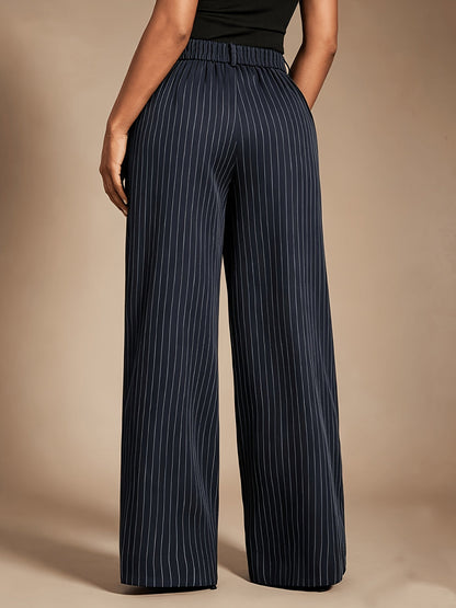 Pantalones Anchos de Rayas en Azul Marino Elegantes para Mujeres con Cintura Alta y Estilo Ajustado