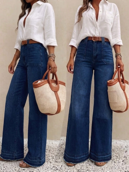 Jeans de Pierna Ancha de Color Azul Oscuro para Mujeres con Estilo de Cintura Alta y Cinturón