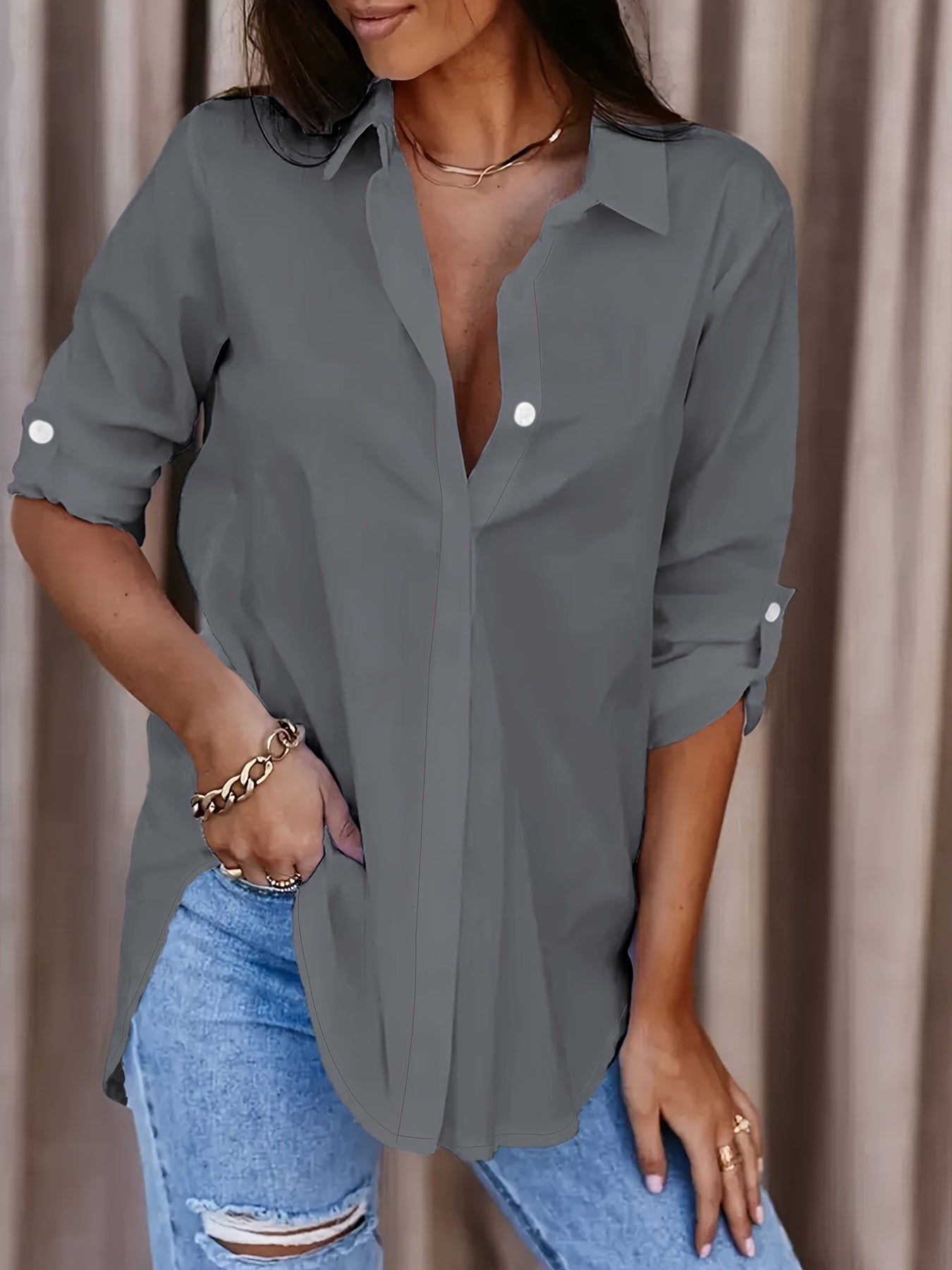 Blusa Sin Esfuerzo para Mujeres con Cuello, Manga Larga, Tablero de Rollo, Estilo Casual Oversized