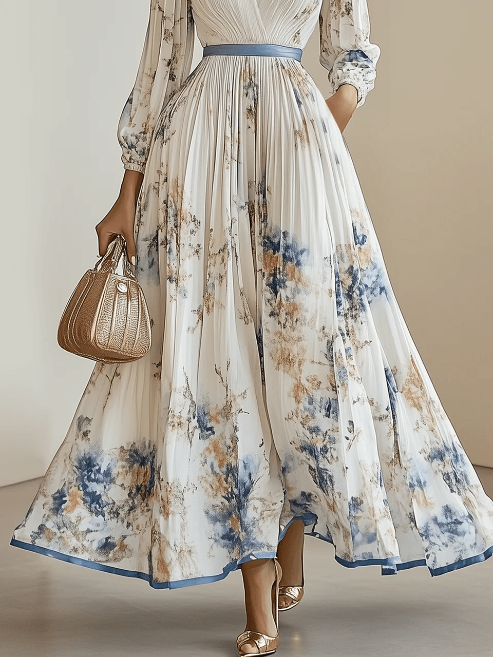Vestido Maxi Floral Blanco Elegante para Mujeres con Escote en V, Manga Larga, Plisado y Cinturón Fluido