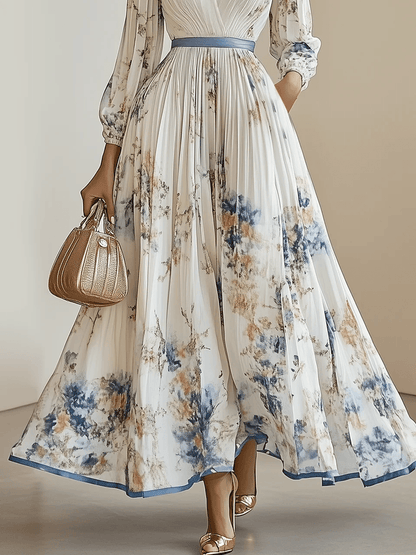 Vestido Maxi Floral Blanco Elegante para Mujeres con Escote en V, Manga Larga, Plisado y Cinturón Fluido