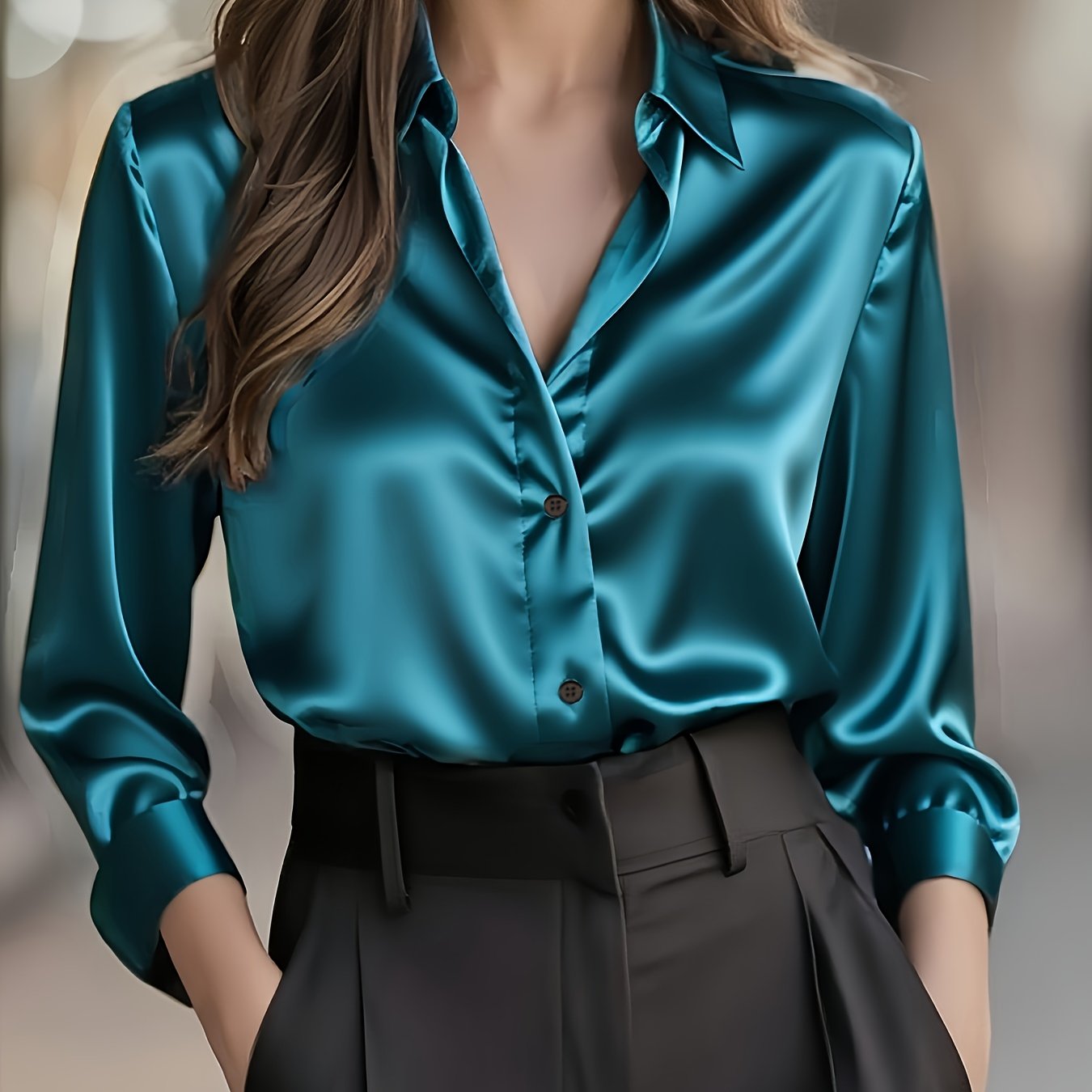 Blusa de Satén Elegante para Mujeres con Cuello, Manga Larga y Botones, Estilo Relajado y Sedoso