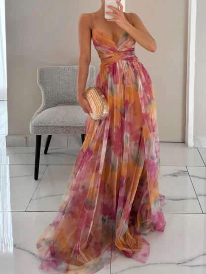 Vestido Maxi Floral Acuarela Sin Esfuerzo para Mujeres con Escote en V, Tirantes Espagueti, Cintura Cruzada y Estilo Fluido de Alta Fisura