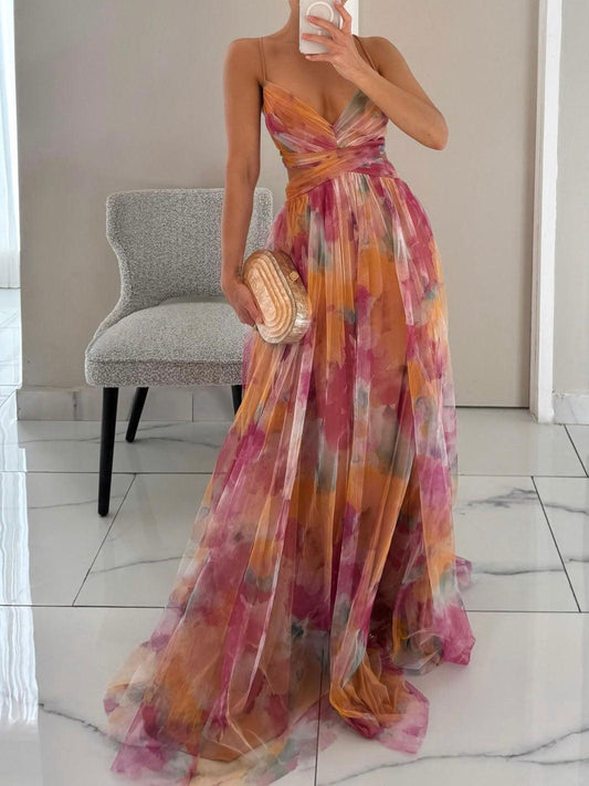 Vestido Maxi Floral Acuarela Sin Esfuerzo para Mujeres con Escote en V, Tirantes Espagueti, Cintura Cruzada y Estilo Fluido de Alta Fisura