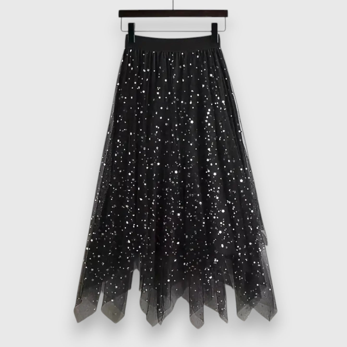 Falda Midi Elegante para Mujeres con Cintura Alta Elástica de Tul Brillante y Dobladillo Asimétrico Estilo Casual