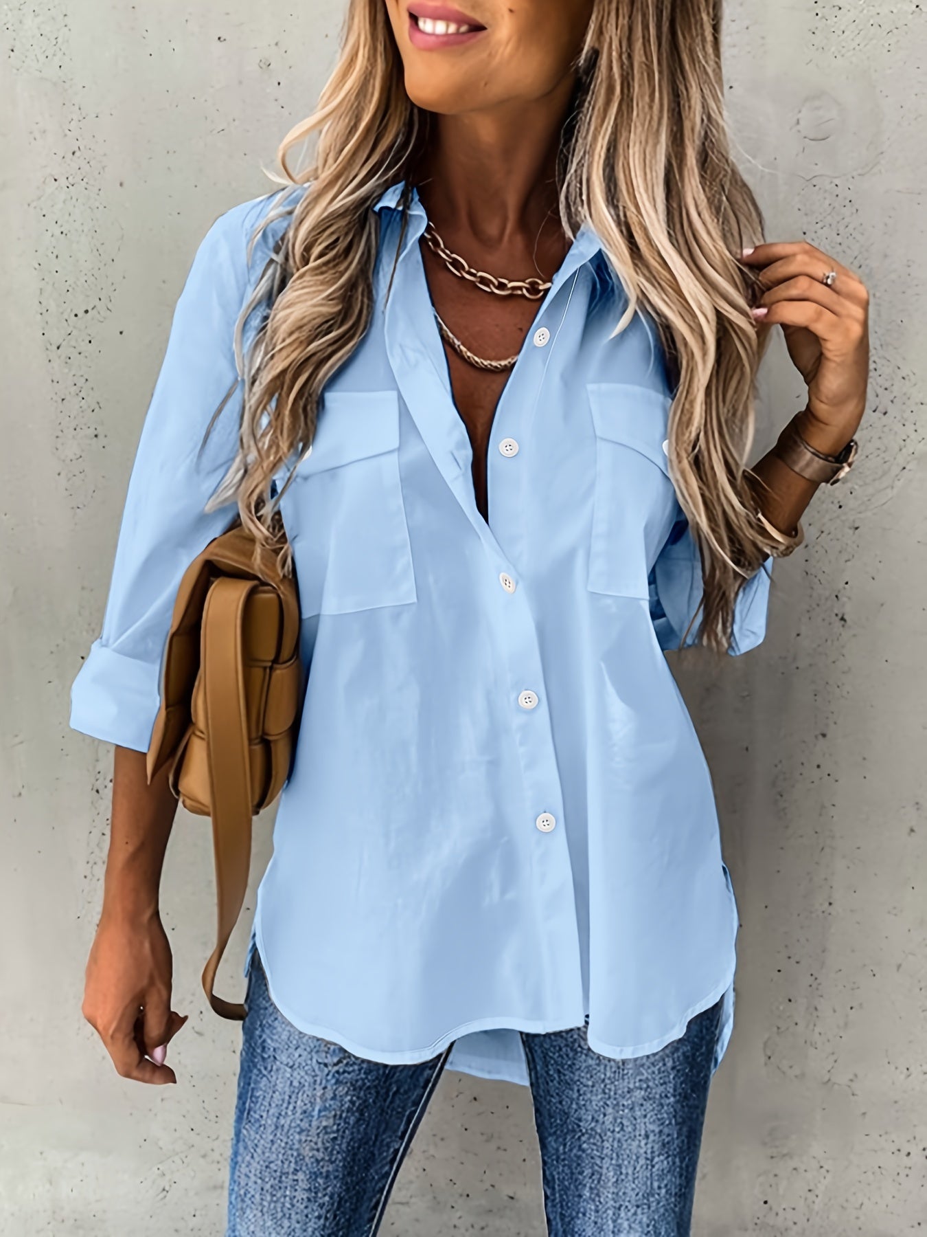 Blusa de Bolsillo Utilitaria sin Esfuerzo para Mujeres con Cuello y Manga Larga de Corte Curvado Relajado