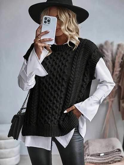 Chaleco de Punto Trenzado Cómodo para Mujeres con Cuello Redondo Sin Mangas Estilo Oversized