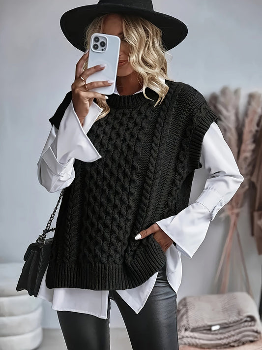Chaleco de Punto Trenzado Cómodo para Mujeres con Cuello Redondo Sin Mangas Estilo Oversized