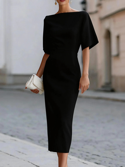 Vestido Midi Elegante de Corte Recto para Mujeres con Cuello Barco y Manga de Volante Estilo Bodycon para Cóctel
