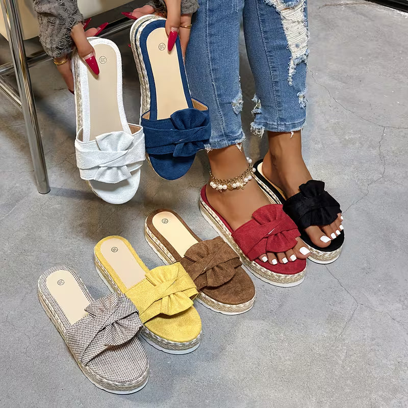 Sandalias de Deslizamiento Cómodas para Mujeres con Detalle de Lazo en Plataforma de Espadrille de Punta Abierta