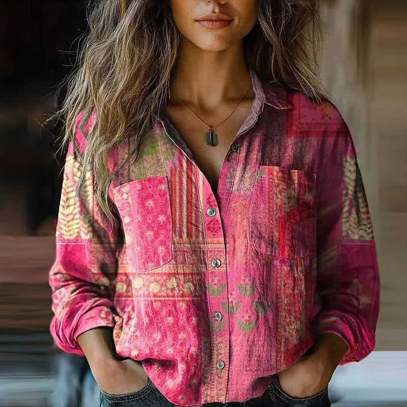 Blusa Impresa Sin Esfuerzo para Mujeres con Cuello, Manga Larga, Botones, Frente, Bolsillo, Estilo Boho
