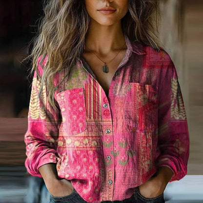 Blusa Impresa Sin Esfuerzo para Mujeres con Cuello, Manga Larga, Botones, Frente, Bolsillo, Estilo Boho