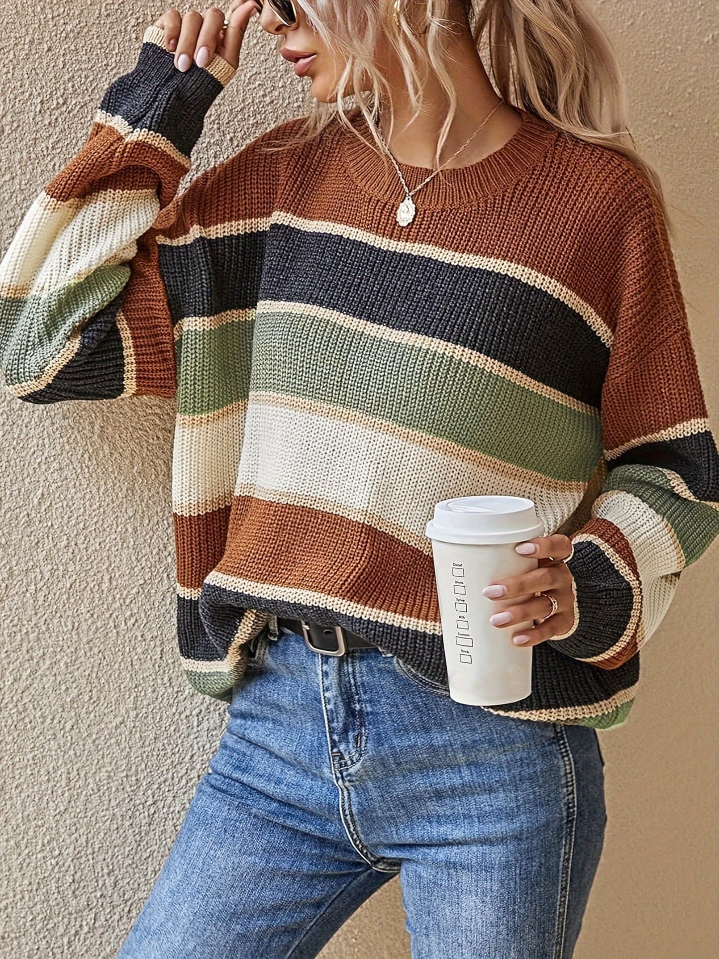 Suéter de rayas color bloque cómodo para mujeres con cuello redondo, manga larga y estilo de punto relajado y oversize