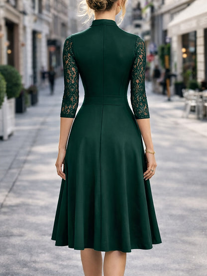 Vestido Midi Elegante con Encaje para Mujeres con Cuello en V Notch y Mangas Tres Cuartos, Estilo Fit and Flare para Cócteles
