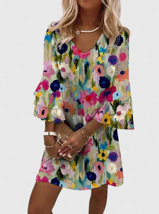 Vestido Mini Floral Multicolor sin Esfuerzo para Mujeres con Escote en V, Mangas de Volantes y Estilo Bohemio