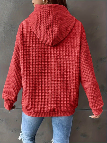 Sudadera de punto waffle color bloque cómoda para mujeres con capucha ajustable, manga larga y bolsillo canguro, estilo oversized