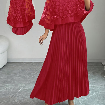 Elegante Vestido Largo Plisado Floral para Mujeres con Cuello Redondo y Manga Capa con Apliques, Estilo Formal para Invitadas de Boda