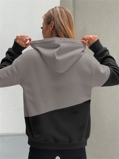 Sudadera cómoda con diseño colorblock y estampado de latidos para mujeres con capucha ajustable, manga larga y estilo de bolsillo canguro.