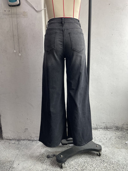 Jeans Anchos Azules de Cintura Alta y Estilo Fluido para Mujeres