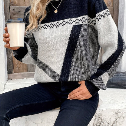 Suéter Geométrico Colorblock Cómodo para Mujeres con Cuello Redondo, Manga Larga, Estilo Relajado y Oversized
