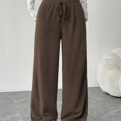 Pantalones Anchos de Punto Acanalado para Mujeres con Cintura Alta y Cuerda de Ajuste, Estilo Casual Relajado