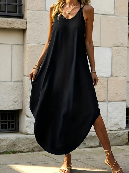 Vestido Maxi Negro Sin Esfuerzo para Mujeres con Escote en V y Tirantes de Espagueti en Estilo Capullo Fluyente