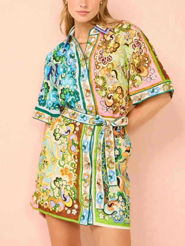 Vestido Camisa de Impresión Paisley Multicolor Sin Esfuerzo para Mujeres con Cuello, Manga Corta y Cinturón Estilo Bohemio
