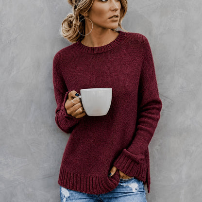 Suéter de Punto Melange Cómodo para Mujeres con Cuello Redondo, Mangas Largas y Puños de Campana, Estilo Oversized y Relajado