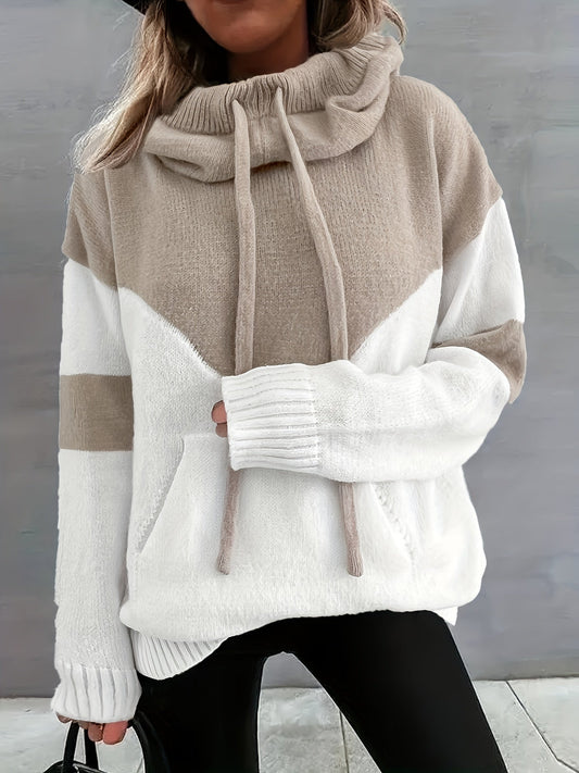 Suéter Colorblock Cómodo para Mujeres con Cuello de Cowl, Manga Larga, Cordón y Estilo Oversized
